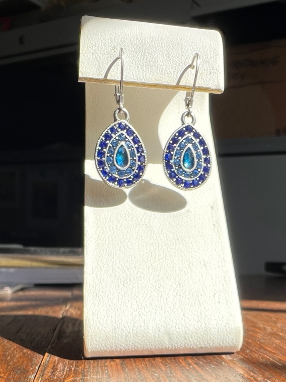 Blue Crystal Drop Silver Earrings Teardrop Hanging Baked Beads New